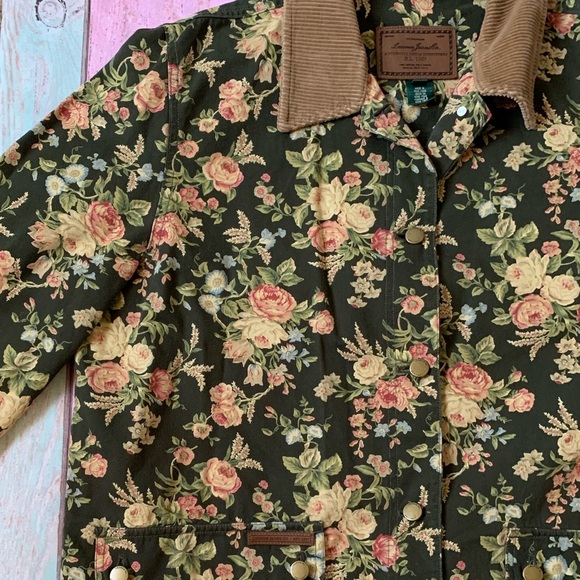 Vintage 90s Lauren Ralph Lauren Green Floral Jacket with Brown Corduroy Collar - Picture 2 of 11